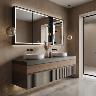 60''-96'' Bathroom Vanity with Sink Floating Ribbed Lower Panel Solid Wood Top
