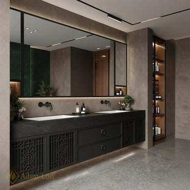 60''-96'' Double Bathroom Vanity with Sink Modern Floating Carved Lattice Doors Sleek