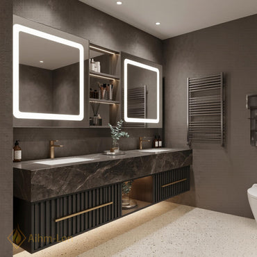 60''-96'' Double Bathroom Vanity with Sink Modern Floating Dark Stone Top Slatted