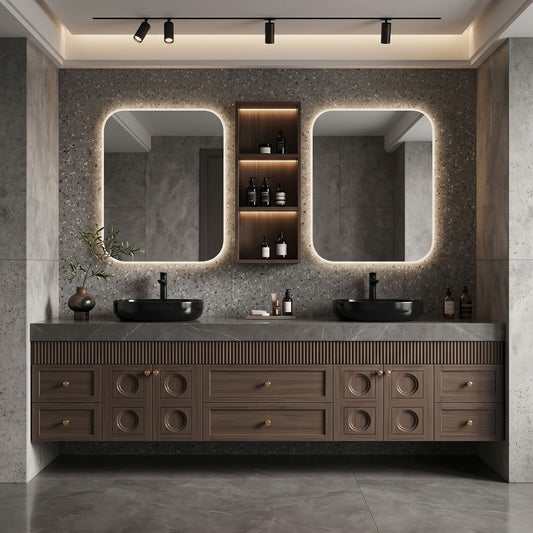 70''-96'' Modern Bathroom Vanity with Sink Ridge-Panel Dark Wood Grain Spacious Cabinet