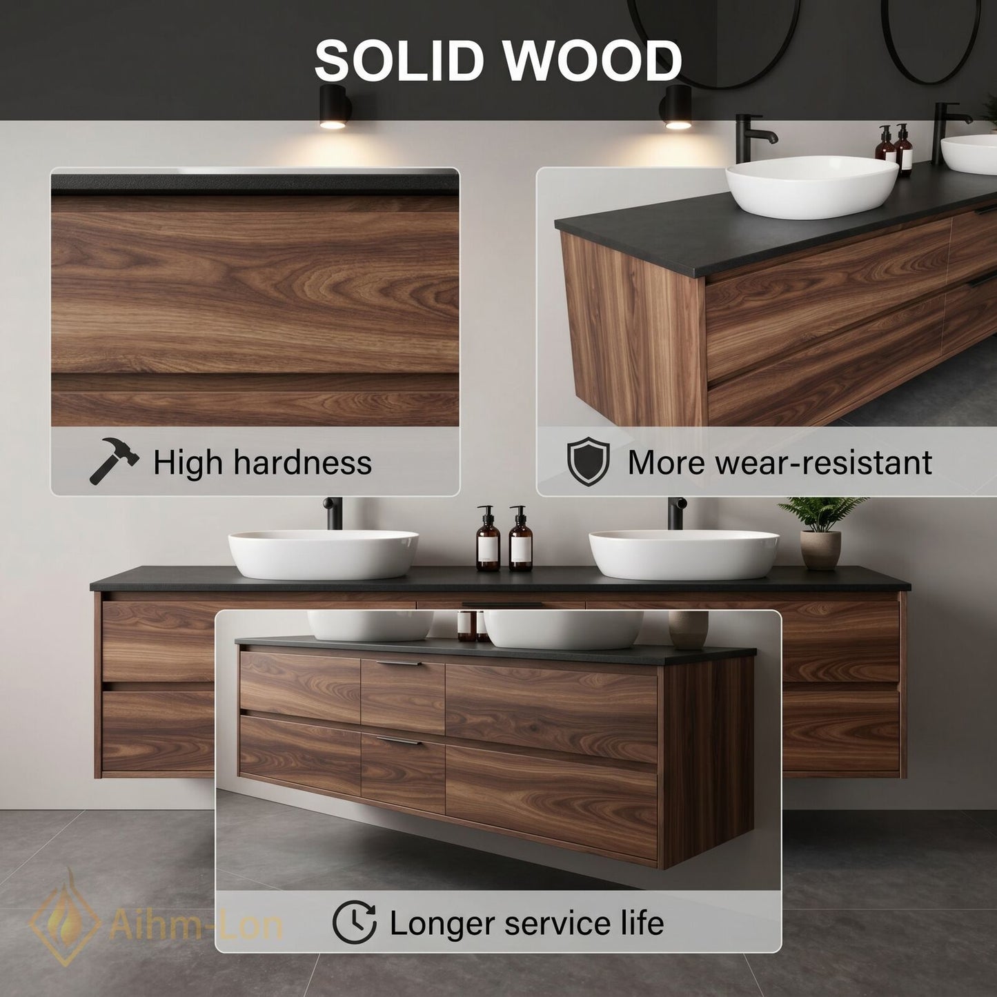 60''-96'' Floating Bathroom Vanity with Sink Double Vessel Sinks Dark Walnut Finish