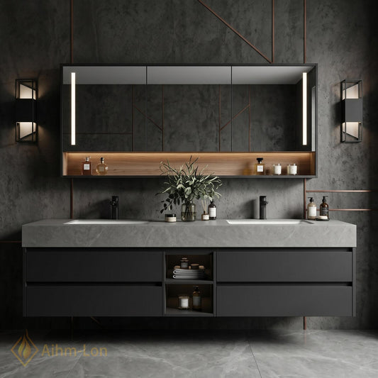 60''-96'' Double Bathroom Vanity with Sink Floating Dark Matte Stone Central Shelving