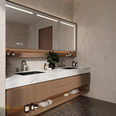 60''-96'' Modern Bathroom Vanity with Sink Double Dark Walnut Slatted Center Panel