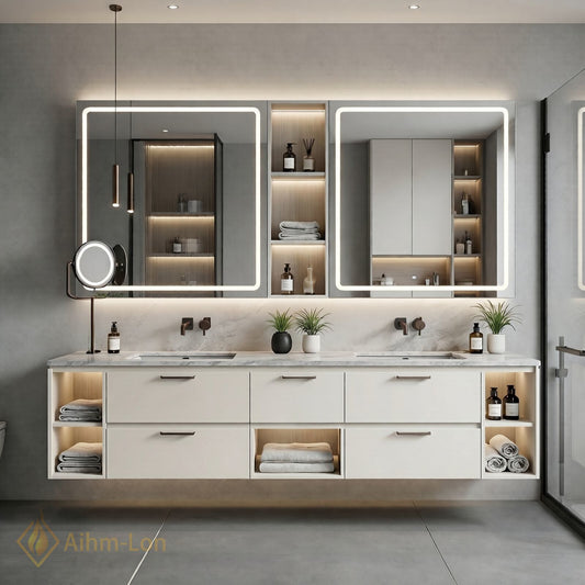70''-96'' Double Bathroom Vanity with Sink Stone Top Illuminated Mirrors Storage