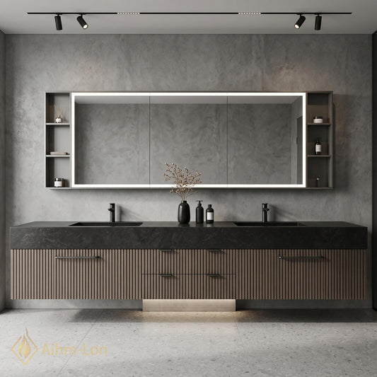 72''-96'' Double Bathroom Vanity with Sink Floating Double Slatted Doors Slatted Door