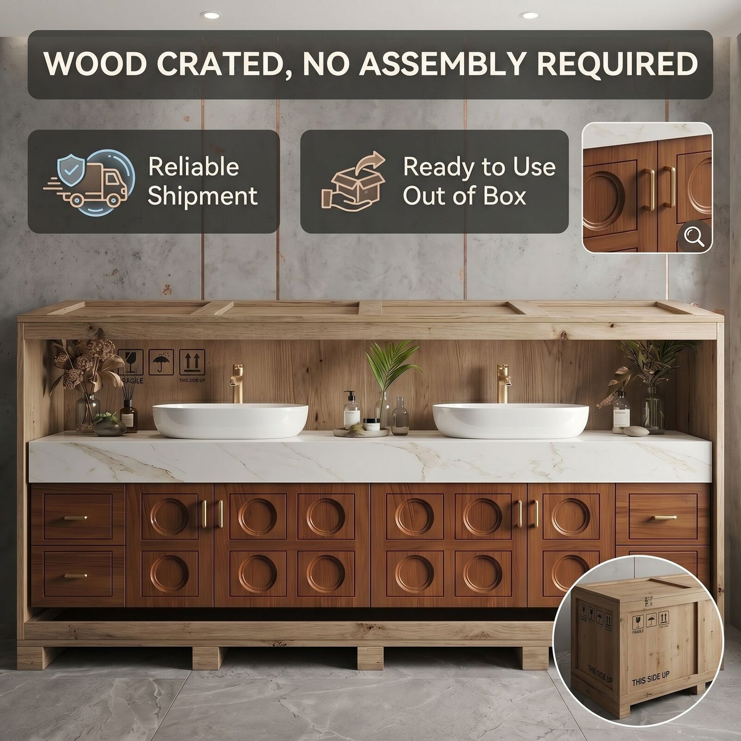70''-96'' Modern Bathroom Vanity with Sink Carved Circular Panels Rich Wood Grain Cabinet
