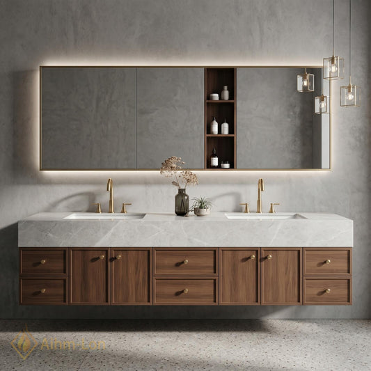 60''-96'' Double Bathroom Vanity with Sink Floating Warm Wood Finish Marble Top