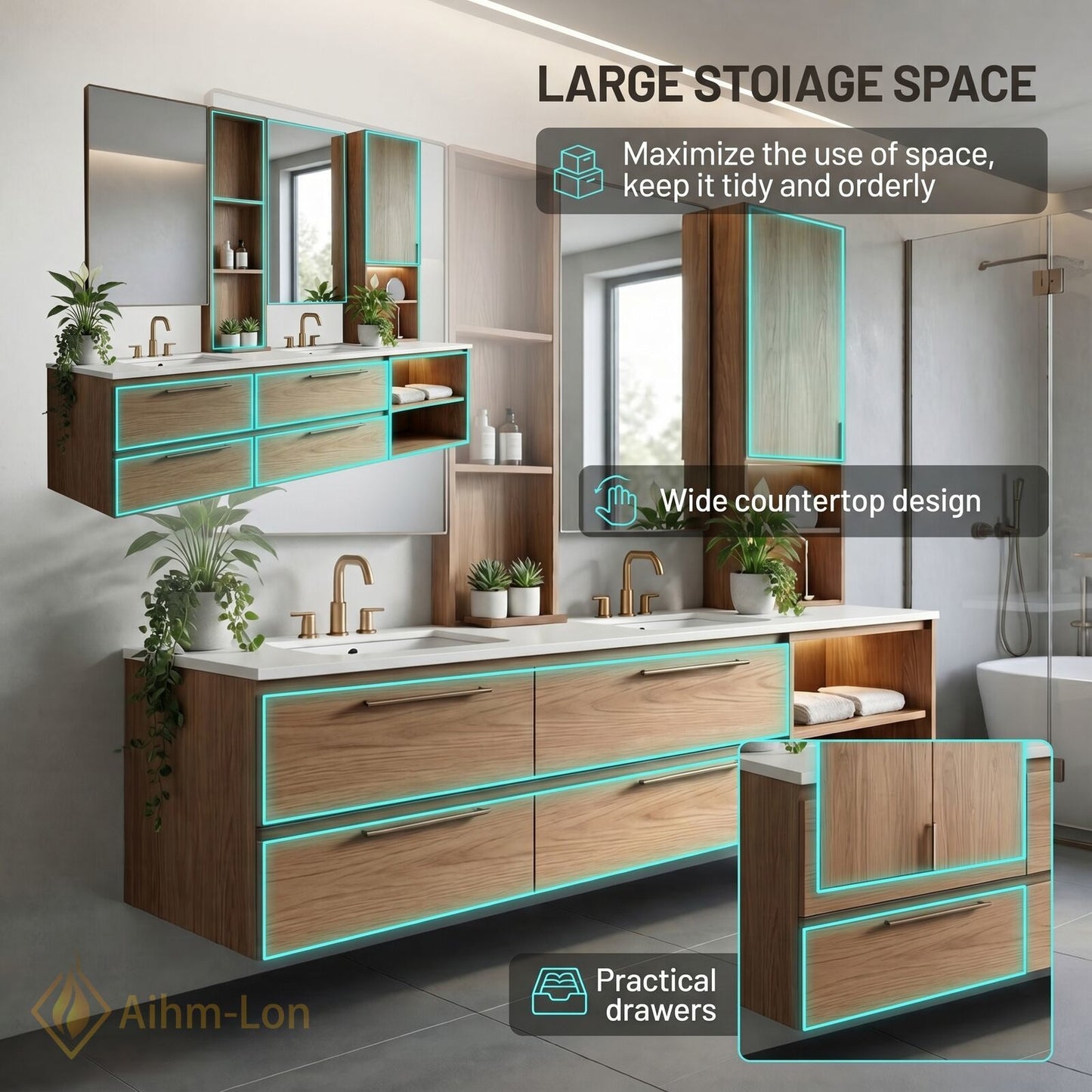 60''-96'' Floating Bathroom Vanity with Sink Slim Profile Natural Oak Open Shelving Mirror