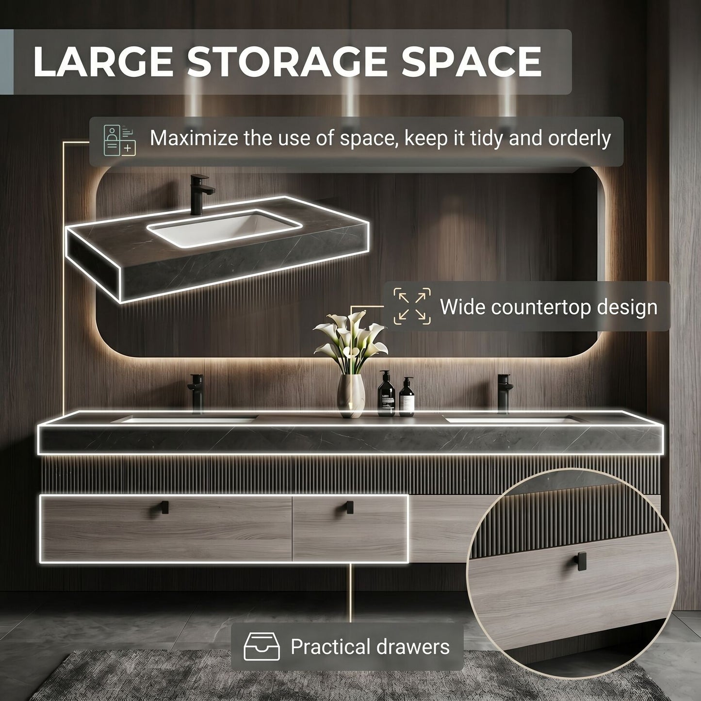 60''-96'' Double Bathroom Vanity with Sink Textured Slatted Front Light Wood Grain Cabinet