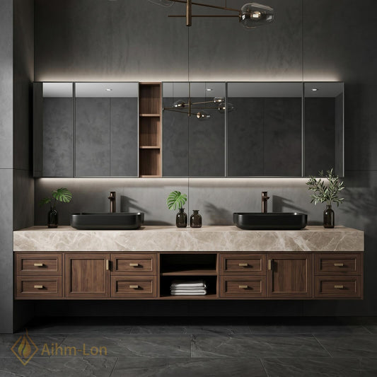 60''-96'' Double Bathroom Vanity with Sink Floating Light Marble Top Dark Wood