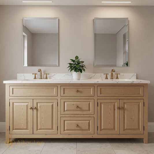 76''-96'' Modern Bathroom Vanity with Sink Light Oak White Marble Deep Drawers