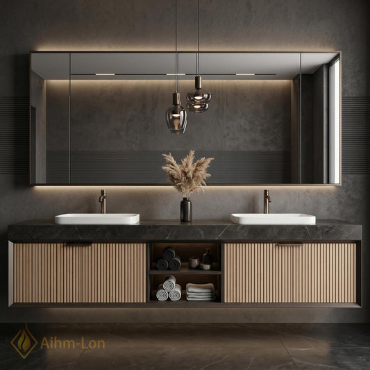60''-96'' Double Bathroom Vanity with Sink Dark Modern Floating Stone Countertop Slatted