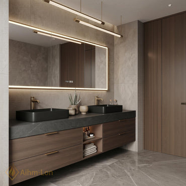 60''-96'' Modern Bathroom Vanity with Sink Dark Walnut Slatted Center Open Shelving