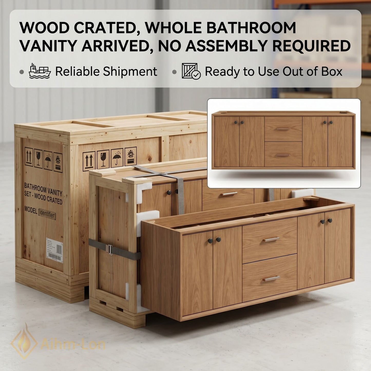 40''-64'' Modern Bathroom Vanity with Sink Floating Wood Grain Large Frame Mirror