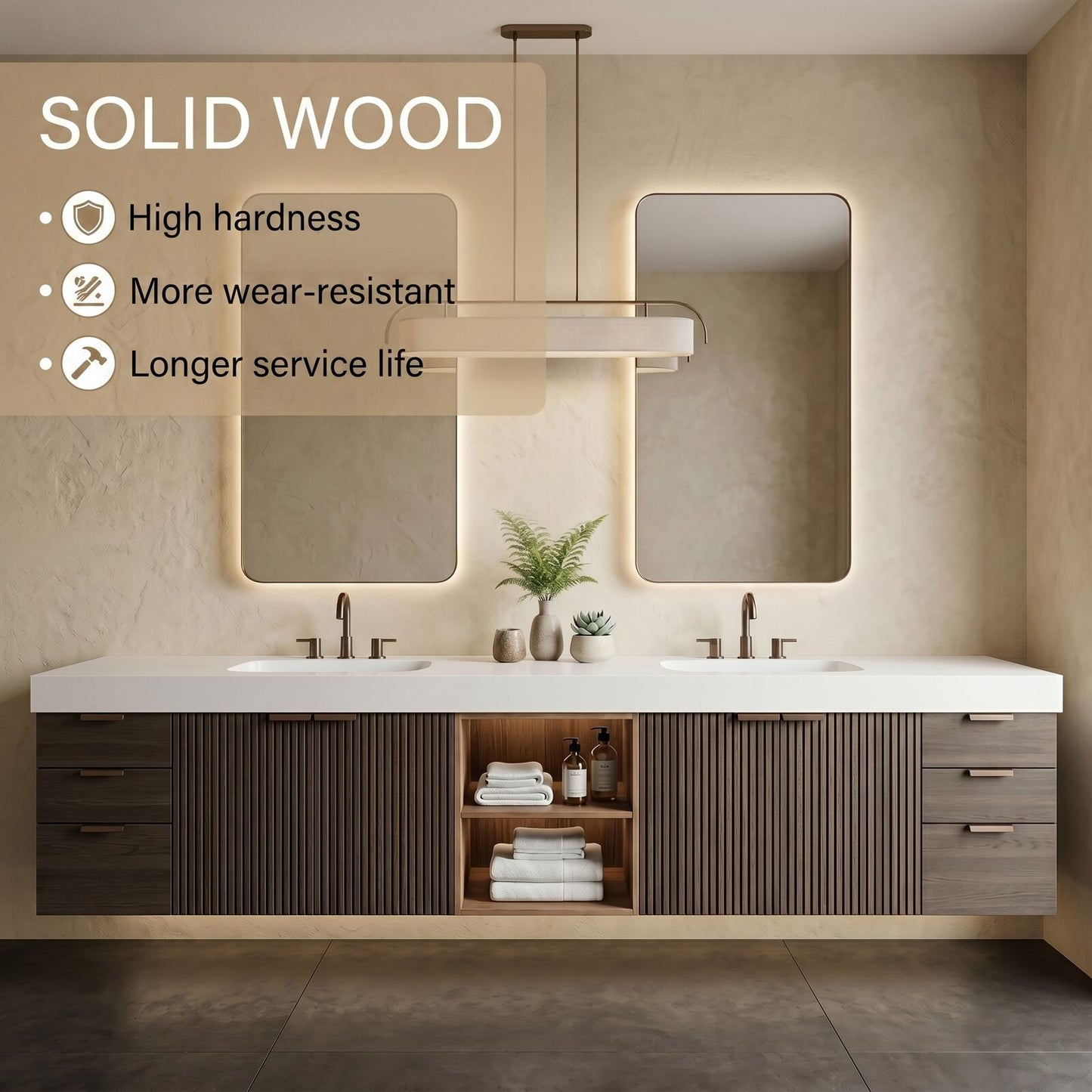 70''-96'' Modern Bathroom Vanity with Sink Vertical Ribbed Doors Solid Wood Cabinet