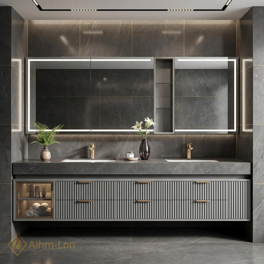 60''-96'' Double Bathroom Vanity with Sink Wall-Mounted Gray Stone Texture Ribbed Panel