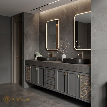 78''-96'' Double Bathroom Vanity with Sink Dark Slate Finish Slatted Center Panel