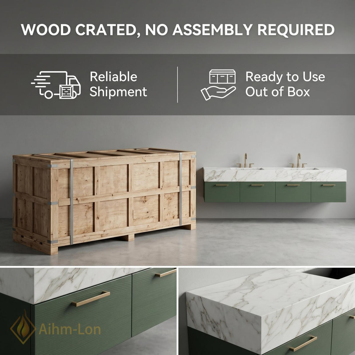 60''-96'' Double Bathroom Vanity with Sink Dark Green Textured Finish Open Shelving
