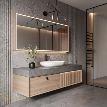 36''-110'' Floating Bathroom Vanity with Sink Riveted Slats Open Niche Slate Top