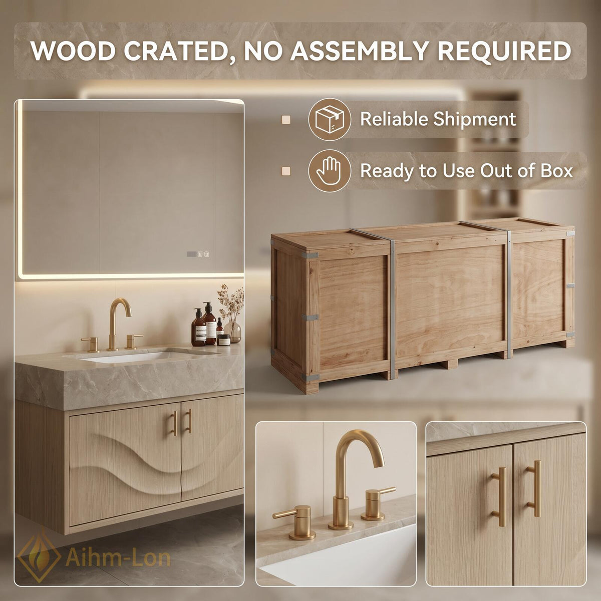 60''-96'' Double Bathroom Vanity with Sink Sculpted Wave Light Wood Grain Spacious