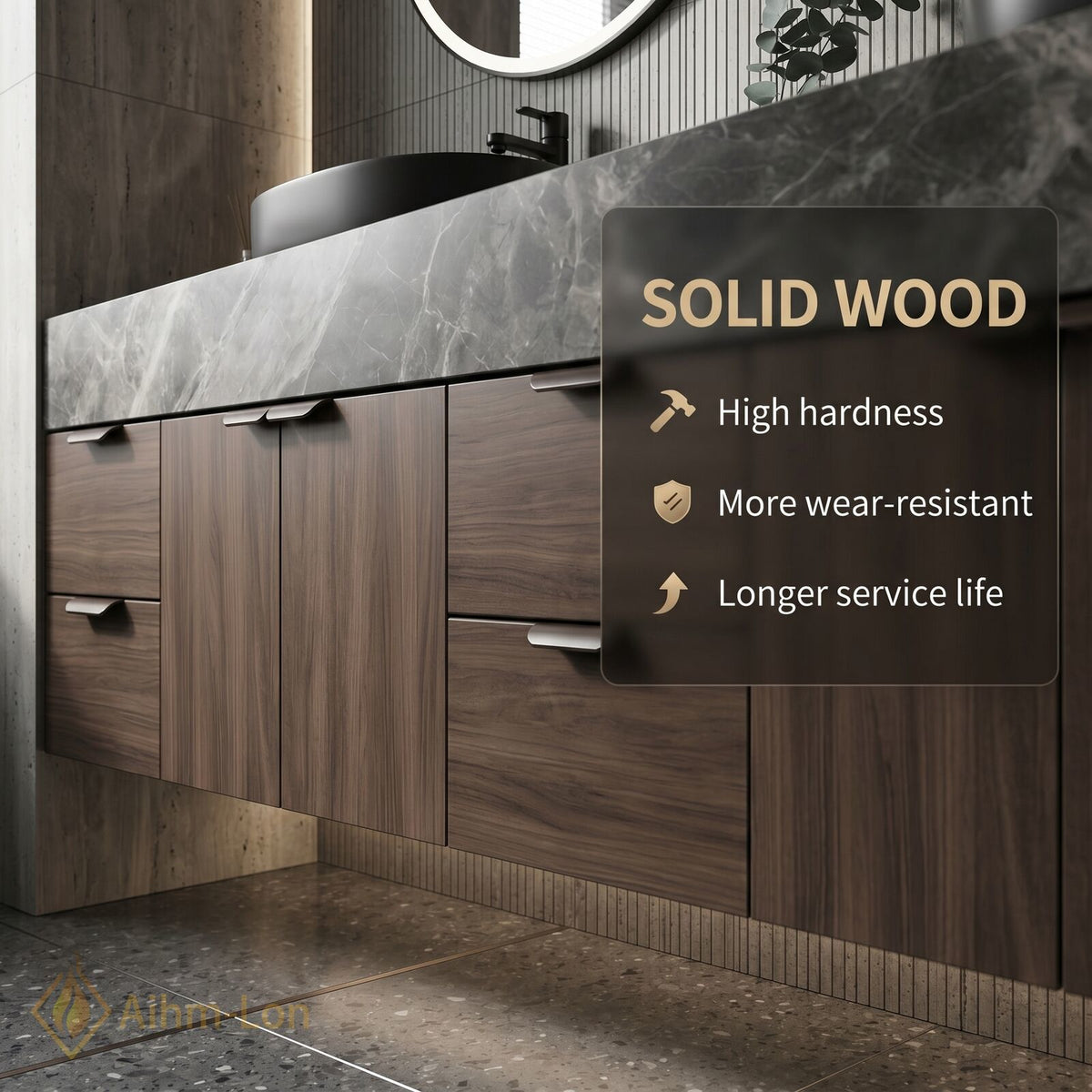 60''-96'' Double Bathroom Vanity with Sink Dark Grey Marble Slatted Doors Drawers