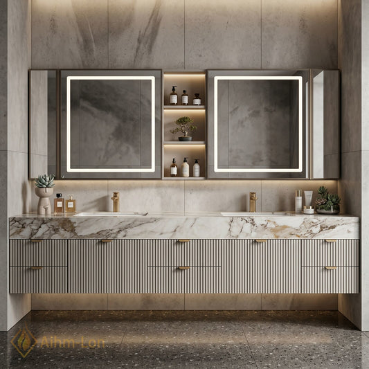76''-96'' Double Bathroom Vanity with Sink Slatted Front Panel Marble Texture Top