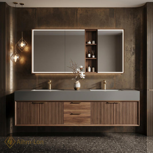 60''-96'' Double Bathroom Vanity with Sink Grey Stone Top Slatted Wood Finish