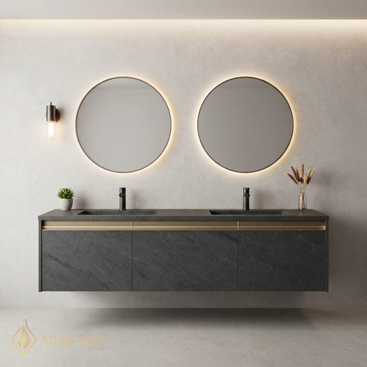 60''-96'' Floating Bathroom Vanity with Sink Dual Basin Grey Marble Finish Gold Mirrors
