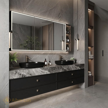 60''-96'' Double Bathroom Vanity with Sink Warm Walnut Finish Slatted Front Doors
