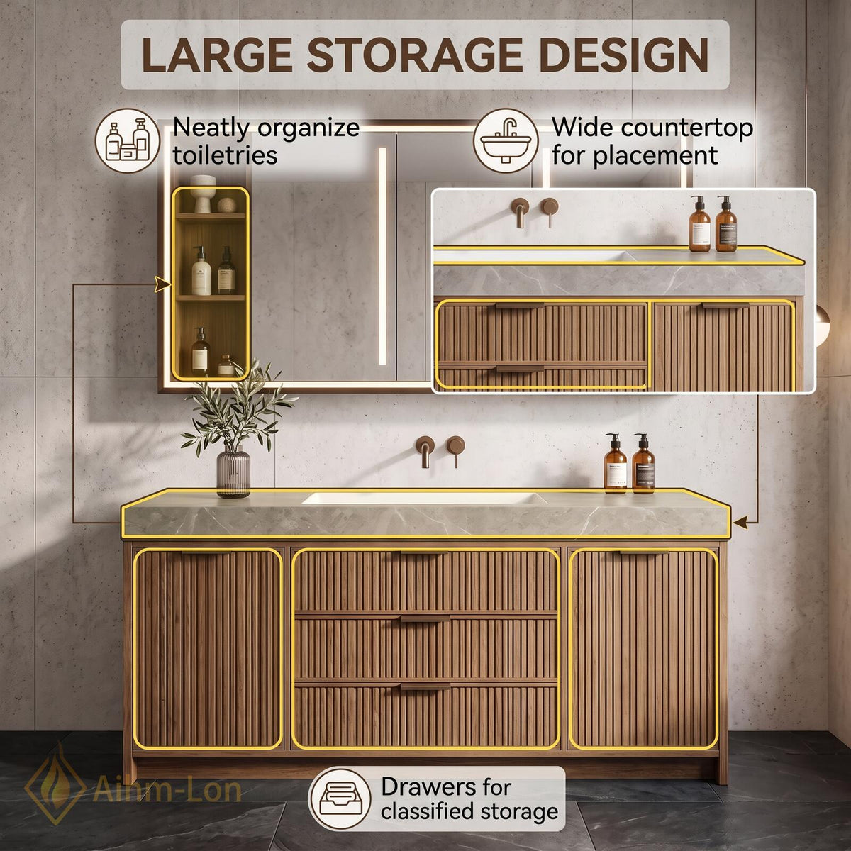 36''-110'' Bathroom Vanity with Sink Floating Sintered Stone Top Slatted Doors