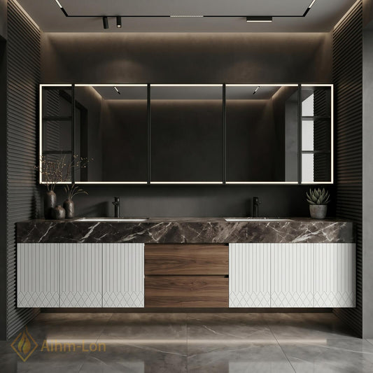 60''-96'' Double Bathroom Vanity with Sink Modern Floating Dark Marble Looktop Slatted