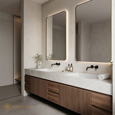 76''-96'' Double Bathroom Vanity with Sink Dark Walnut Finish Slatted Front Design