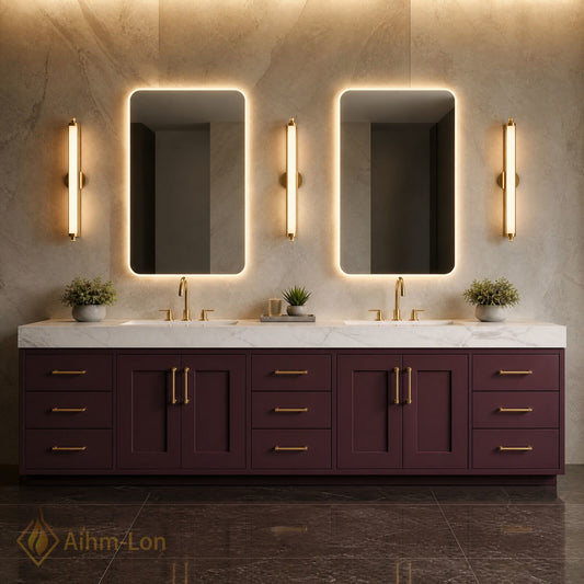 76''-96'' Double Bathroom Vanity with Sink Deep Plum Finish Integrated LED