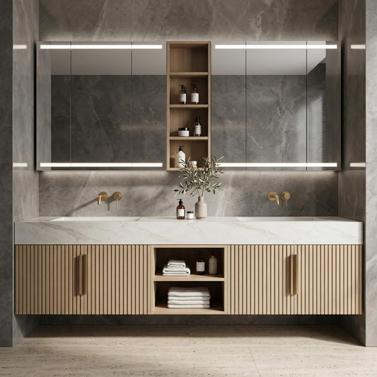 60''-96'' Double Bathroom Vanity with Sink Floating Slatted Vertical Panel Warm Woodgrain