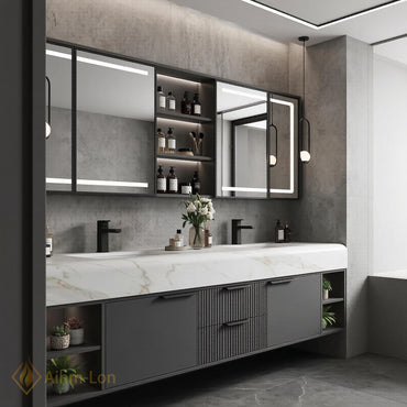 60''-96'' Double Bathroom Vanity with Sink Modern Dark Grey Marble Ribbed Drawers