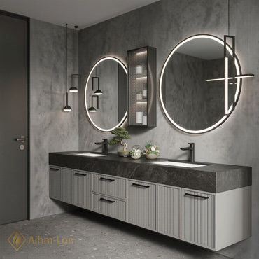 60''-96'' Bathroom Vanity with Sink Vertical Slatted Doors Slate Texture Top Floating