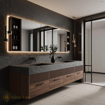 70''-96'' Double Bathroom Vanity with Sink Modern Floating Dark Stone Basins Top