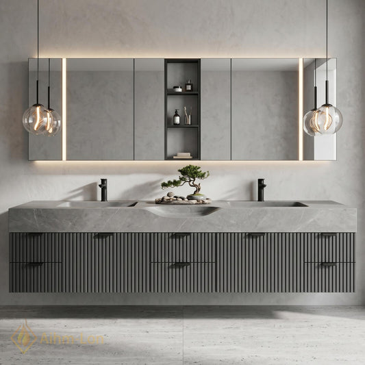 60''-96'' Double Bathroom Vanity with Sink Modern Floating Stone Top Ribbed Front