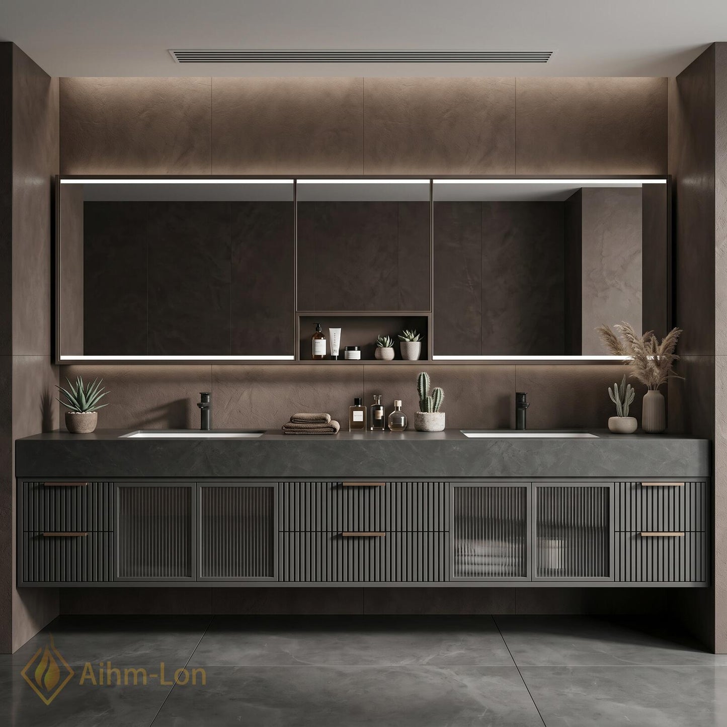 70''-96'' Double Bathroom Vanity with Sink Modern Floating Slatted Glass Dark Finish
