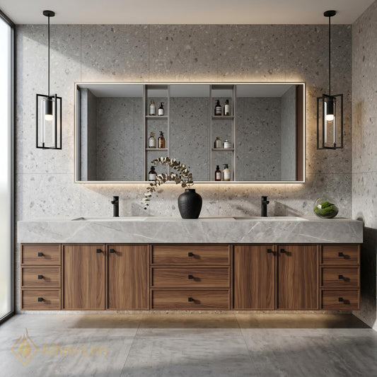 60''-96'' Double Bathroom Vanity with Sink Modern Floating Gray Stone Top Dark