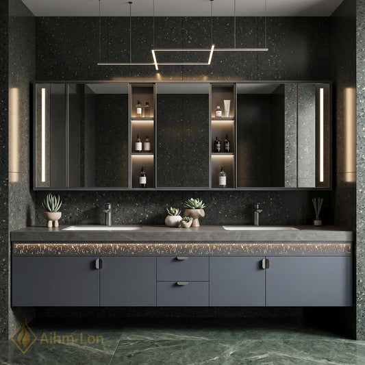 60''-96'' Double Bathroom Vanity with Sink Sleek Wall-Mounted Matte Charcoal Finish Slatted