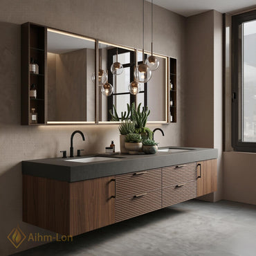 72''-96'' Double Bathroom Vanity with Sink Dark Modern Floating Stone-Top