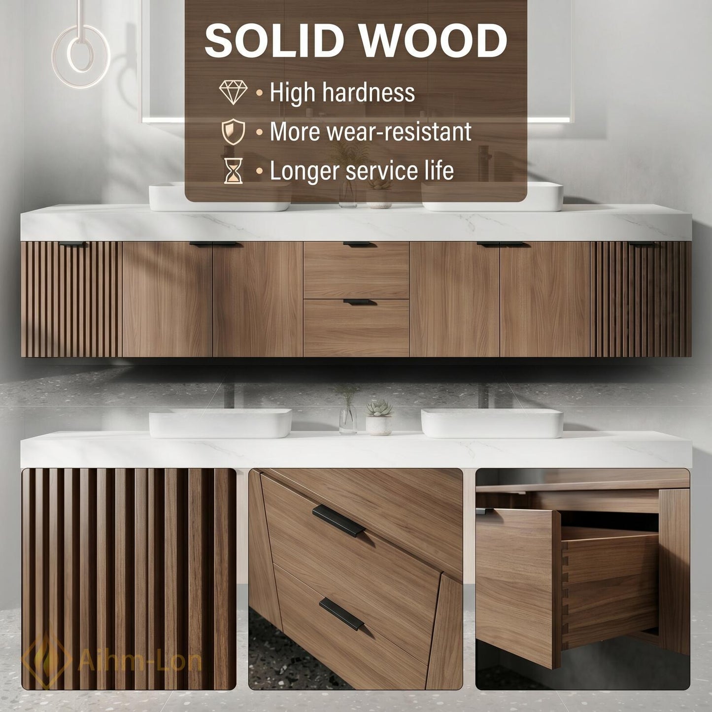 70''-96'' Elegant Double Bathroom Vanity with Sink Floating Wood Texture Slatted Open