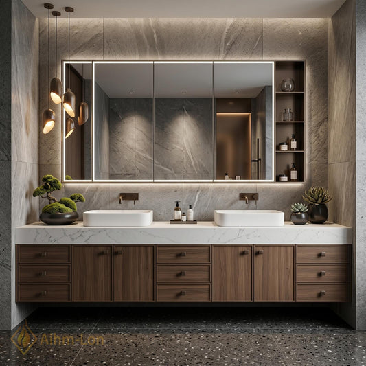 76''-96'' Modern Double Bathroom Vanity with Sink Wall-Mounted Dark Walnut Open Shelving