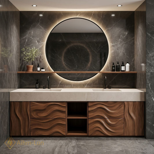 60''-96'' Double Bathroom Vanity with Sink Wavy Wood Grains Open Shelving Base