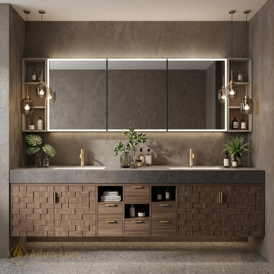 60''-96'' Bathroom Vanity with Sink Modular Block Front Grey Stone Top Central
