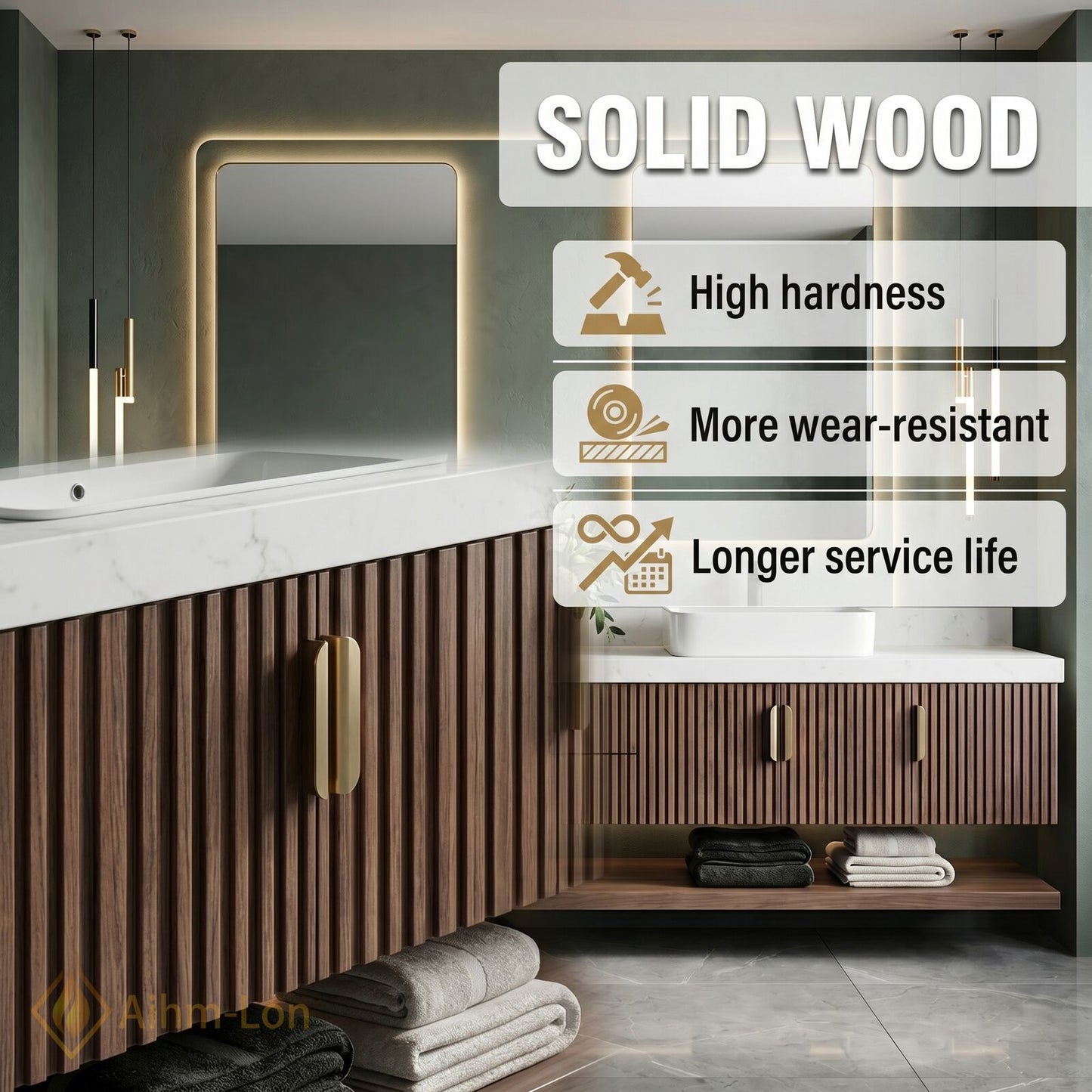 76''-96'' Double Bathroom Vanity with Sink Slatted Vertical Front Marble Effect Top