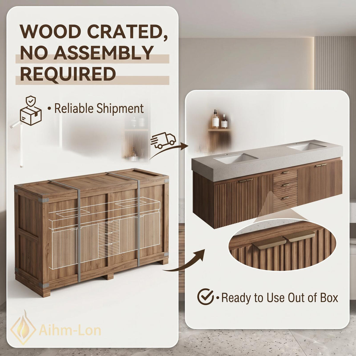 76''-96'' Double Bathroom Vanity with Sink Floating Vanity Vertical Slats Vertical Slat