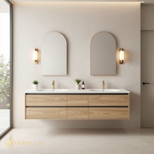 60''-96'' Modern Bathroom Vanity with Sink Floating Oak Grain Gold Tone Drawers