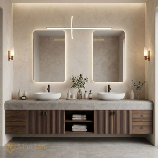 60''-96'' Double Bathroom Vanity with Sink Grey Stone Vertical Slatted Doors Shelving